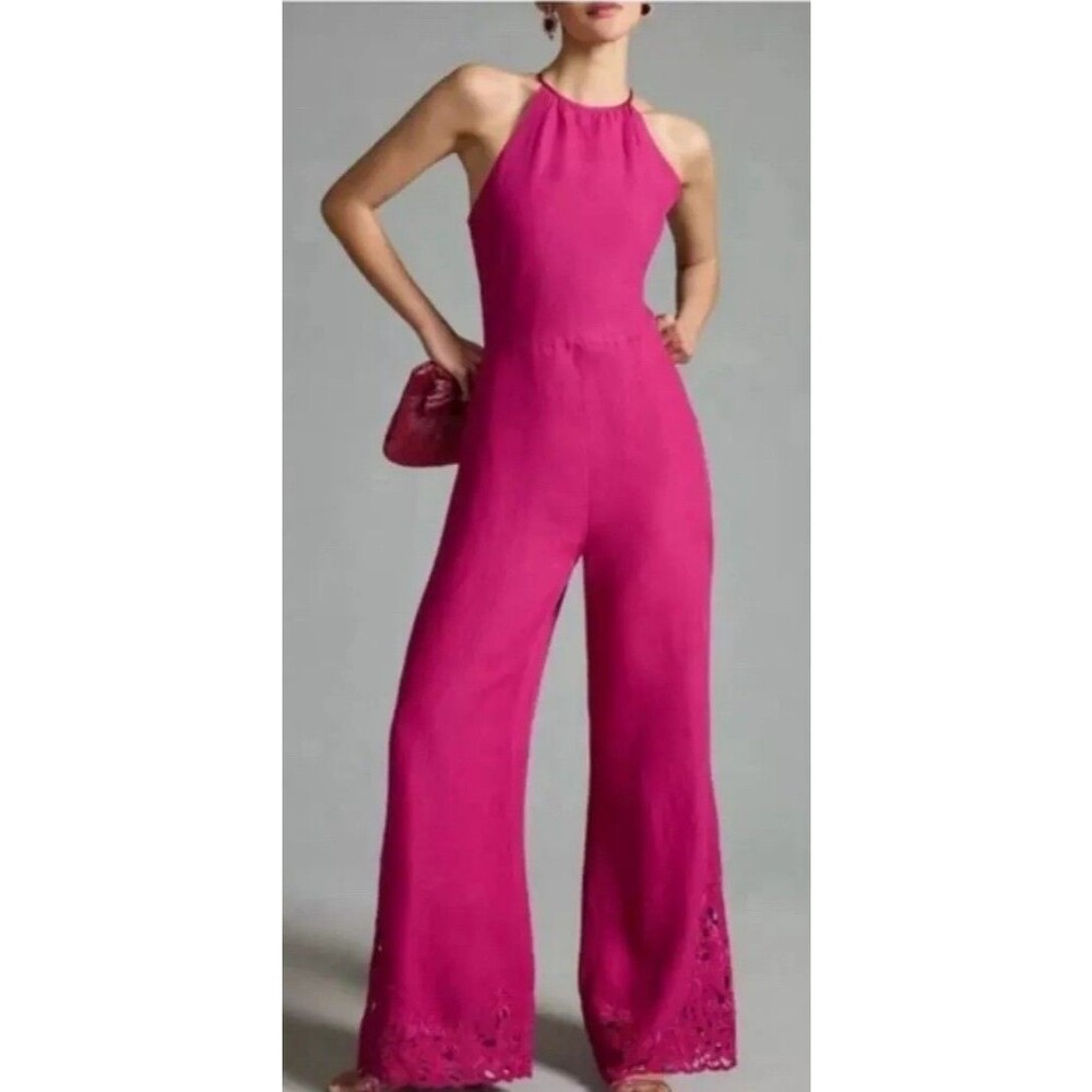 By Anthropologie Jumpsuit Sz 10 Women * Pink Cutwork Linen One-Piece Halter Chic